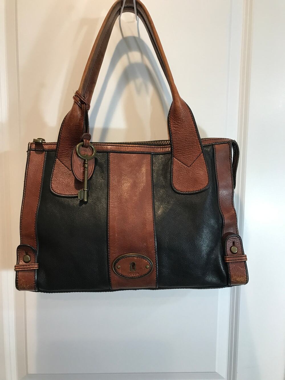 Fossil Reissue Vintage Brown and Black Leather Satchel Shoulder Bag Keyhole - Picture 1 of 10